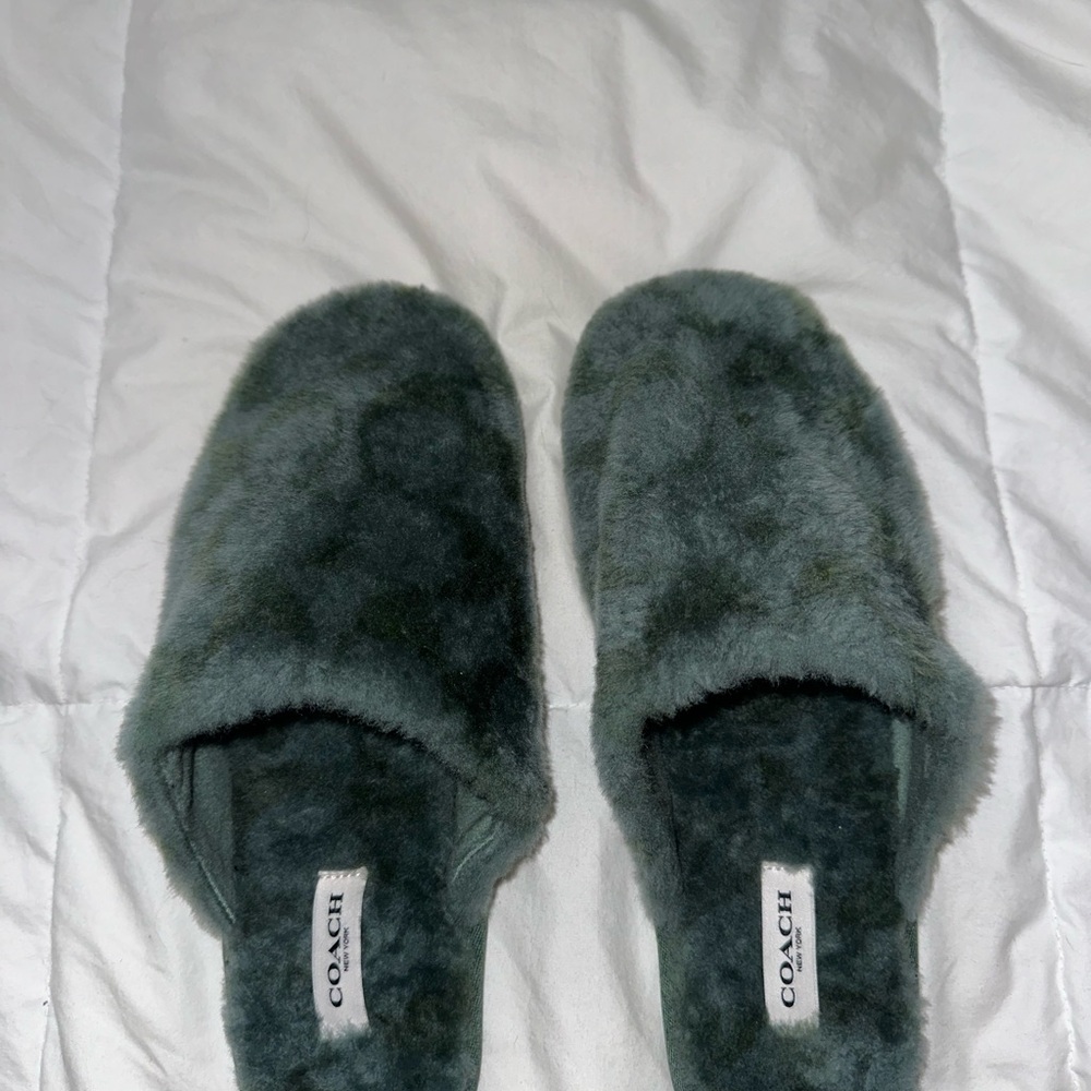 Coach Green Fuzzy Slippers